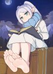  1girl barefoot blue_scarf book closed_mouth commentary english_commentary feet foot_focus frieren green_eyes highres leaning_forward legs_together looking_at_viewer moon mountain night night_sky outdoors pointy_ears scarf short_eyebrows sitting sky smile softhanten soles solo sousou_no_frieren toes tree twintails white_hair 