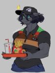  2023 anthro ayla_(inugatami) baseball_cap blush burger_king canid canine canis clothing constricted_pupils container cup emanata fast_food female food fries green_eyes grey_body hat headgear headwear hi_res holding_tray inugatami looking_at_viewer mammal muscular muscular_anthro muscular_arms muscular_female pupils small_pupils snaggle_tooth uniform wolf 
