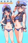  2girls :d alternate_costume bare_arms bare_legs bare_shoulders bikini blue_archive blue_background blue_bikini blue_eyes blue_hair blue_headwear blush bracelet braid breasts bulletproof_vest collarbone commentary_request cowboy_shot cropped_vest doughnut food fubuki_(blue_archive) grey_hair groin hair_between_eyes hair_ornament hand_on_own_hip hat holding holding_food jewelry kirino_(blue_archive) long_hair looking_at_viewer multiple_girls oonishi_shunsuke open_mouth peaked_cap police police_hat police_uniform policewoman red_eyes salute side-tie_bikini_bottom simple_background small_breasts smile standing stomach sweatdrop swimsuit twin_braids uniform very_long_hair vest watch white_hair wristband 