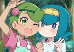  2girls ;d absurdres aged_down arm_up blue_eyes blue_hair blush bright_pupils closed_mouth commentary_request dated day eyelashes female_child green_eyes green_hair hairband hands_up headband highres holding_hands lana_(pokemon) long_hair looking_at_viewer mallow_(pokemon) multiple_girls no_sclera one_eye_closed open_mouth outdoors pokemon pokemon_(anime) pokemon_sm_(anime) shirt short_sleeves signature smile swept_bangs teeth tree twintails upper_teeth_only v white_pupils yamada_sakura 