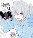  4girls 6_(yuchae) ahoge anger_vein animal_ears black_hair blue_hair blue_hoodie bronya_zaychik bronya_zaychik_(haxxor_bunny) cat_ears cat_tail chibi clenched_teeth closed_eyes crossed_bangs drawstring drill_hair grey_eyes grey_hair heart high_ponytail honkai_(series) honkai_impact_3rd hood hoodie lifting_person long_sleeves mini_person minigirl multiple_girls seele_(alter_ego) seele_vollerei speech_bubble tail teeth twin_drills twintails 