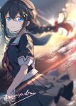  1girl ahoge black_hair black_serafuku black_shirt black_skirt blue_eyes blurry braid cowboy_shot depth_of_field dutch_angle hair_flaps kantai_collection looking_at_viewer neckerchief ples2 red_neckerchief sailor_collar school_uniform serafuku shigure_(kancolle) shigure_kai_ni_(kancolle) shirt single_braid skirt solo standing sunset twitter_username viyoviyo_draw white_sailor_collar 