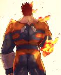  1boy amputee ass blood bodysuit boku_no_hero_academia endeavor_(boku_no_hero_academia) feet_out_of_frame fire flame gauntlets injury male_focus manly mature_male muscular muscular_male red_hair sakanagi_(dc_saka) short_hair simple_background solo spiked_hair thick_arms thick_thighs thighs tight 