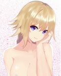  1girl blonde_hair breasts collarbone commentary_request fate/apocrypha fate_(series) hand_up head_tilt jeanne_d&#039;arc_(fate) large_breasts long_hair looking_at_viewer mydmy nude out-of-frame_censoring purple_eyes smile solo upper_body 