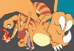  bright_pupils charizard claws commentary_request flame-tipped_tail green_eyes grey_background highres horns no_humans ojisan_(pixiv_74573618) open_mouth pokemon pokemon_(creature) simple_background solo tongue white_pupils 