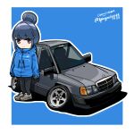  1girl absurdres blue_background blue_hair blue_jacket border commission english_commentary grey_footwear hair_bun highres holeecrab jacket mercedes-benz new_balance purple_eyes shima_rin shoes single_hair_bun smile sneakers solo twitter_username vehicle_focus vehicle_request white_border yurucamp 