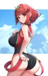  1girl absurdres ass black_one-piece_swimsuit blue_sky breasts closed_mouth cloud commentary_request competition_swimsuit day earrings from_behind gonzarez headpiece highres jewelry large_breasts looking_at_viewer one-piece_swimsuit pyra_(pro_swimmer)_(xenoblade) pyra_(xenoblade) red_eyes red_hair red_one-piece_swimsuit ribbed_swimsuit short_hair sky smile solo striped striped_one-piece_swimsuit swimsuit two-tone_swimsuit vertical-striped_one-piece_swimsuit vertical_stripes wet wet_clothes wet_swimsuit xenoblade_chronicles_(series) xenoblade_chronicles_2 
