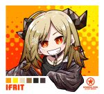  1girl ahoge alternate_hairstyle arknights artist_name black_collar black_jacket black_shirt blonde_hair character_name collar demon_horns dog-san feather_collar fire_earrings grin highres horns ifrit_(arknights) jacket long_hair looking_at_viewer open_clothes open_jacket orange_eyes shirt simple_background smile solo 