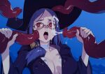  1girl artist_name black-framed_eyewear black_headwear blue_hair breasts choker cleavage commentary cum cum_on_eyewear cum_on_hair english_commentary facial handjob hat large_breasts little_witch_academia long_hair medium_hair open_mouth optionaltypo penis red_eyes teeth tentacles tongue tongue_out uncensored upper_body upper_teeth_only ursula_charistes white_choker witch_hat 