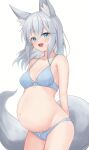  1girl :d absurdres animal_ear_fluff animal_ears arms_behind_back big_belly blue_bra blue_eyes blue_panties blush bra breasts collarbone cowboy_shot fang fox_ears fox_girl fox_tail grey_hair highres long_hair looking_at_viewer medium_breasts navel open_mouth original panties pregnant sakuma_hiragi simple_background smile solo tail underwear underwear_only white_background 