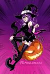  1girl animal_ears black_headwear black_sleeves blair_(soul_eater) boots breasts cat_ears cat_girl detached_sleeves ears_through_headwear halloween hat jack-o&#039;-lantern large_breasts long_hair long_sleeves mike_luckas night night_sky pink_background pumpkin purple_background purple_hair sideboob signature sitting sky soul_eater thigh_boots thighhighs thighs tongue twitter_username two-tone_background witch witch_hat yellow_eyes 