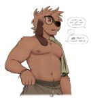  anthro bottomwear bracelet brown_body brown_fur brown_hair bust_portrait canid canine canis clothing dialogue domestic_dog eyewear floppy_ears fur glasses hair hi_res jewelry long_ears male mammal nextel nipples offscreen_character portrait reed_(bearra) shirtless shorts simple_background solo speech_bubble white_background 
