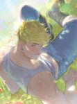  1boy absurdres bara blonde_hair blue_pants boots day flower granblue_fantasy green_eyes highres kshbjb3bppui9om lying male_focus muscular muscular_male on_back outdoors pants red_flower short_hair solo tank_top vane_(granblue_fantasy) white_tank_top 