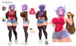  1girl absurdres animal_ears arqa ass bangle black_thighhighs blue_shorts bracelet breasts brown_jacket cleavage_cutout clothing_cutout color_guide commentary cow_ears cow_girl cow_horns cropped_jacket cutoffs denim denim_shorts ear_tag english_commentary full_body green_eyes hand_on_own_hip highres horns huge_breasts indie_virtual_youtuber jacket jewelry leotard leotard_under_clothes long_hair multiple_views official_art pink_leotard purple_hair reference_sheet romolla second-party_source shoes short_shorts shorts sideboob sneakers solo star_cutout thick_thighs thighhighs thighs turnaround underbutt virtual_youtuber 