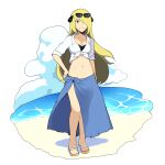  1girl absurdres alternate_costume blonde_hair breasts cleavage closed_mouth collared_shirt commentary cynthia_(pokemon) day eyelashes eyewear_on_head grey_eyes hair_over_one_eye hand_on_own_hip highres knees long_hair melon_san navel outdoors pokemon pokemon_(game) pokemon_dppt sand sandals sarong shirt shore smile solo standing sunglasses tied_shirt water white_shirt 