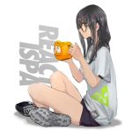  1girl black_hair black_shorts brown_eyes chinese_commentary commentary_request cup defy_(girls&#039;_frontline) from_side full_body glasses holding holding_cup indian_style lin+ long_hair mug nike original shirt shoes short_sleeves shorts simple_background sitting sneakers solo t-shirt white_background white_shirt 