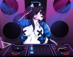  2015 anthro apple_inc. apple_macintosh belly big_breasts bottomwear breasts canid canine canis clothed clothing curvy_figure demona69 digital_media_(artwork) dj_booth domestic_dog female headphones hourglass_figure husky jacket lightning_bolt macbook mammal musical_note navel nipple_tape nordic_sled_dog pants pasties solo sparx_(badgrrl) speaker spitz tape topless topless_female topwear 