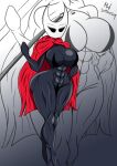  absurd_res anthro arthropod big_butt black_body breasts butt clothing coat coat_cape covered_breasts female full-length_portrait hand_on_hip hi_res hollow_knight hornet_(hollow_knight) muscular portrait red_clothing red_coat red_topwear solo suggestive sumawesum team_cherry thick_thighs topwear weapon weapon_on_shoulder wide_hips 