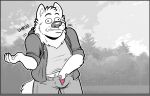  2020 anthro backpack canid canine choose_your_own_adventure clothed clothing comic derp_eyes detailed_background english_text fully_clothed gesture hand_in_pants indifferent male mammal masturbating_under_clothing masturbation monochrome neutral_expression outside pink_clothing pink_underwear public_masturbation shrug solo spank_chapsman student text themongrel underwear 