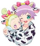  2girls ;d aged_down animal_costume animal_ears animal_print aqua_eyes baby blush bow carrying carrying_person colored_eyelashes cow_costume cow_ears cow_horns cow_print cropped_torso double_bun fake_animal_ears fake_horns green_hair hair_bow hair_bun hairband hand_on_another&#039;s_face headphones hood hood_down hooded_jacket horns jacket jewlie_(pripara) long_sleeves looking_at_viewer manaka_lala moudoku_(decopon3rd) multiple_girls one_eye_closed open_mouth pink_bow pink_eyes ponytail pretty_(series) pripara purple_hair short_hair simple_background smile sweatdrop upper_body v white_background 