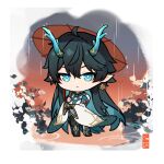  1boy black_hair chibi chinese_clothes closed_mouth colored_inner_hair dan_heng_(honkai:_star_rail) dan_heng_(imbibitor_lunae)_(honkai:_star_rail) detached_sleeves dragon_boy dragon_horns earrings fingerless_gloves full_body gloves green_eyes green_horns hair_between_eyes hanaki0504 holding holding_umbrella honkai:_star_rail honkai_(series) horns jewelry long_hair long_sleeves male_focus multicolored_hair pointy_ears rain red_eyeliner solo umbrella very_long_hair wide_sleeves 