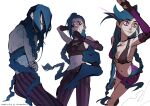  1girl arcane:_league_of_legends arcane_jinx bare_shoulders black_gloves black_pants blood blue_hair braid breasts commission crop_top dreamcharlie english_text fingerless_gloves gloves hands_up highres jinx_(league_of_legends) league_of_legends long_hair looking_at_viewer nail_polish navel nosebleed pants pink_nails pink_pants pink_shorts shorts simple_background stomach striped striped_pants striped_shorts tattoo twin_braids white_background 