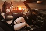  1girl absurdres armpits artist_request bare_shoulders belt black_jacket black_shirt black_shorts breasts brown_hair car car_interior commission convertible crop_top hair_over_shoulder highres horns jacket long_hair long_sleeves looking_at_viewer low_twintails medium_breasts midriff motor_vehicle off_shoulder open_clothes open_jacket open_mouth original outdoors outstretched_arms red_eyes second-party_source shirt short_shorts shorts side_mirror sitting sleeveless sleeveless_shirt smile solo steering_wheel sunlight sunset thigh_strap thighs twintails 