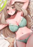  1boy 1girl :o armpits blue_archive blush bra breasts green_eyes halo highres lace-trimmed_bra lace-trimmed_panties lace_trim large_breasts light_brown_hair long_hair looking_at_viewer lying narushima_kanna nonomi_(blue_archive) on_back open_mouth panties pov pov_hands solo_focus underwear very_long_hair 
