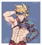  1boy abs armpits averting_eyes bara biceps blonde_hair blush cowboy_shot fate/grand_order fate_(series) fingerless_gloves gloves hand_in_own_hair headband igote male_focus mature_male muscular muscular_male navel navel_hair nipples official_alternate_costume pectorals sakata_kintoki_(fate) sakata_kintoki_(heian_warrior_attire)_(fate) short_hair shy single_bare_shoulder solo spiked_hair stomach yaekaidou 