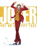  1boy arms_up arthur_fleck bangs brown_vest buttons collared_shirt english_text full_body green_hair green_shirt highres jacket joker_(2019) joker_(dc) long_sleeves makeup open_clothes open_jacket pants reagan_long red_jacket red_pants shirt smile solo vest water white_background 