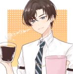  1boy artem_wing_(tears_of_themis) blue_eyes brown_hair closed_mouth collared_shirt cup diagonal-striped_necktie hair_between_eyes highres holding holding_cup looking_at_viewer male_focus mtkignsn mug necktie orange_background parted_bangs polka_dot polka_dot_background shirt smile solo tears_of_themis two-tone_background upper_body white_background white_shirt 