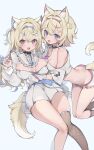  2girls :3 :d animal_ear_fluff animal_ears bandaid_hair_ornament belt belt_collar black_collar blonde_hair blue_belt blue_eyes blue_hair blue_nails blush breasts cleavage cleavage_cutout clothing_cutout collar cropped_shirt dog_ears dog_girl dog_tail dress fishnet_socks fishnets frilled_shorts frills fuwawa_abyssgard hair_ornament hairpin headphones headphones_around_neck highres hololive hololive_english large_breasts long_hair looking_at_viewer lying medium_breasts medium_hair mococo_abyssgard multicolored_hair multiple_girls nail_polish oimo_0imo on_back open_clothes open_mouth pink_belt pink_eyes pink_hair pink_nails shirt short_dress short_shorts shorts siblings sidelocks single_fishnet_legwear sisters smile socks spiked_collar spikes streaked_hair tail twins two_side_up virtual_youtuber white_dress white_shirt white_shorts x_hair_ornament 