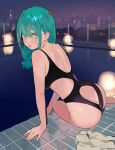  1girl arm_support ass bare_legs barefoot black_one-piece_swimsuit blush breasts butt_crack city clothing_cutout commentary green_eyes green_hair highres horns long_hair looking_at_viewer looking_back low-tied_long_hair medium_breasts nahia_(some1else45) one-piece_swimsuit oni_horns original outdoors pool poolside side_cutout sitting solo some1else45 sweatdrop swimsuit yokozuwari 