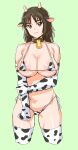 1girl absurdres animal_ears animal_print bell bikini breasts brown_eyes cleavage closed_mouth cow_ears cow_horns cow_print cowbell elbow_gloves fake_animal_ears fake_horns girls_und_panzer gloves green_background highres horns kuppipi_ramutarou large_areolae large_breasts looking_at_viewer micro_bikini murakami_(girls_und_panzer) neck_bell print_bikini print_thighhighs side-tie_bikini_bottom simple_background solo swimsuit thighhighs 