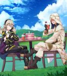  1boy 1girl boots cake cloak cloud cloudy_sky corrin_(female)_(fire_emblem) corrin_(fire_emblem) eating fire_emblem fire_emblem_fates fire_emblem_heroes food grey_hair hairband highres hood hood_up hooded_cloak igni_tion kiran_(fire_emblem) kiran_(male)_(fire_emblem) leather leather_boots official_alternate_costume on_grass outdoors sky spoon strawberry_milk strawberry_shortcake 