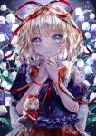  1girl blonde_hair blue_eyes blue_shirt closed_mouth expressionless flower frills hair_ribbon hands_up highres light_particles lily_of_the_valley looking_at_viewer medicine_melancholy medium_hair night own_hands_clasped own_hands_together puffy_short_sleeves puffy_sleeves red_ribbon ribbon shirt short_sleeves solo straight-on string string_of_fate su-san suzushina touhou upper_body white_flower 