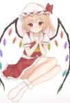  1girl bare_legs blonde_hair blush bobby_socks crystal d: flandre_scarlet flat_chest full-face_blush full_body gaden19 hands_up hat highres looking_at_viewer mob_cap one_side_up own_hands_together parted_lips puffy_short_sleeves puffy_sleeves red_eyes red_vest short_hair short_sleeves simple_background sitting skirt skirt_set socks solo touhou vest white_background wings yokozuwari 
