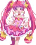  1girl :d ahoge blunt_bangs choker cure_star dress earrings fur_cuffs hair_ornament hoop_earrings hoshina_hikaru jewelry long_hair looking_at_viewer magical_girl mizumi_(mizmi) open_mouth petticoat pink_choker pink_dress pink_eyes pink_hair pink_thighhighs planet_hair_ornament pouch precure short_dress simple_background single_thighhigh smile solo standing star_(symbol) star_choker star_hair_ornament star_twinkle_precure thighhighs twintails very_long_hair white_background wrist_cuffs 