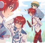  2boys ? ahoge arsloid ascot bandage_on_face bandages carrying child collared_shirt from_side green_eyes green_hair highres kindergarten_uniform lapels male_child male_focus multiple_boys multiple_views necktie nifffi open_mouth pants piggyback plaid plaid_pants pointing red_eyes red_hair ryuuto_(vocaloid) scratching_head shirt smile vocaloid 
