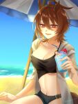  1girl agnes_tachyon_(umamusume) ahoge beach bikini black_bikini blush breasts cleavage cocktail_umbrella collarbone commentary_request cup drink drinking_straw earrings emil1030_blue glass grey_jacket hair_between_eyes highres holding holding_cup jacket jewelry looking_at_viewer medium_breasts navel o-ring o-ring_bikini ocean open_clothes open_jacket open_mouth outdoors red_eyes sand single_earring smile solo swimsuit twitter_username umamusume umbrella water 
