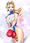  1girl :d bandana blonde_hair blue_bandana blue_eyes blue_leotard boxing_gloves breasts breasts_squeezed_together buckle covered_nipples cowboy_shot curly_hair earrings gloves highres jewelry justice_gakuen large_breasts legs_together leotard long_hair looking_at_viewer o-ring open_mouth parted_bangs purple_background red_gloves seed01010 shiny_skin smile solo standing star_(symbol) starry_background thighhighs thighs tiffany_lords underboob white_thighhighs 