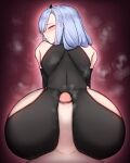  ass bent_over black_bodysuit black_gloves blush bodysuit censored closed_mouth clothed_sex clothing_cutout commentary cowboy_shot elbow_gloves erection futa_with_female futanari genshin_impact gloves gradient_background grey_hair hair_ornament half-closed_eyes highres long_hair looking_at_viewer looking_back lumine_(genshin_impact) mosaic_censoring parted_bangs penis penis_on_ass pov purple_eyes red_background rikuguma shenhe_(genshin_impact) simple_background smile solo_focus steaming_body thigh_cutout 
