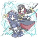  2girls batoson54 black_hair blue_eyes blue_hair book cape falchion_(fire_emblem) fire_emblem fire_emblem_heroes holding holding_book lightning lucina_(fire_emblem) morgan_(female)_(fire_emblem) morgan_(fire_emblem) multiple_girls red_eyes tiara 