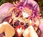  1girl blonde_hair breasts duel_monster flower gradient_hair hair_flower hair_ornament horns long_hair looking_at_viewer medium_breasts midriff multicolored_hair navel open_hands pink_hair red_eyes sato_(yuki0634) smile solo spread_legs traptrix_mantis twintails yu-gi-oh! 