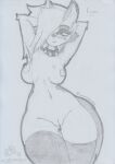  2023 anthro areola bedroom_eyes blush bodily_fluids breasts canid canid_demon canine clothing collar demon female genital_fluids genitals graphite_(artwork) hair hands_behind_head hellhound helluva_boss innie_pussy legwear loona_(helluva_boss) lunaris_parukia mammal mostly_nude narrowed_eyes navel nipples one_eye_obstructed piercing pussy pussy_juice seductive smile smiling_at_viewer solo spiked_collar spikes thigh_gap thigh_highs traditional_media_(artwork) 