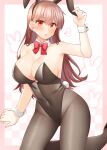  1girl animal_ears black_leotard black_pantyhose blush breasts brown_eyes brown_hair cleavage collarbone detached_collar fake_animal_ears fake_tail hair_between_eyes kantai_collection large_breasts leotard long_hair ooi_(kancolle) pantyhose parted_lips rabbit_ears rabbit_tail rui_shi_(rayze_ray) solo spoken_blush strapless strapless_leotard tail wrist_cuffs 