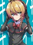  1girl black_capelet black_gloves black_vest blonde_hair blue_background blue_eyes blush_stickers bow bowtie braid bright_pupils capelet cevio chichipansy closed_mouth commentary cookie_(touhou) elbow_gloves expressionless flat_chest gloves hands_on_headphones headphones highres kirisame_marisa long_hair looking_at_viewer marshall_maximizer_(cevio) meguru_(cookie) purple_bow red_bow red_bowtie shirt side_braid single_braid solo touhou upper_body vest white_pupils white_shirt 