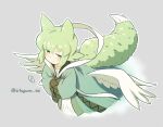  1girl animal_ears closed_mouth commission fox_ears fox_girl fox_tail green_eyes green_hair green_kimono grey_background half-closed_eyes japanese_clothes kimono long_sleeves looking_at_viewer mawaru_(mawaru) original outline short_hair simple_background smile solo tail white_outline white_wings wings 