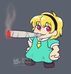  1girl artist_name black_hairband blonde_hair chibi commentary dress english_commentary fang full_body green_dress grey_background hairband hands_on_own_hips higurashi_no_naku_koro_ni houjou_satoko joint_(drug) kidakash loafers marijuana meme necktie ralsei_smoking_a_blunt_(meme) red_eyes shoes simple_background smoke smoking watermark yellow_necktie 