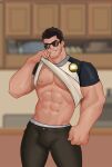  1boy absurdres bara bare_pectorals beard_stubble black_hair bulge clothes_lift feet_out_of_frame highres huge_eyebrows large_pectorals lifted_by_self looking_at_viewer lucas_lee male_focus male_underwear male_underwear_peek muscular muscular_male natezhang_(nate_m_evans) pants pectorals scott_pilgrim_takes_off shirt shirt_lift short_hair short_sleeves smile solo standing sunglasses t-shirt thighs tight_clothes tight_shirt underwear 